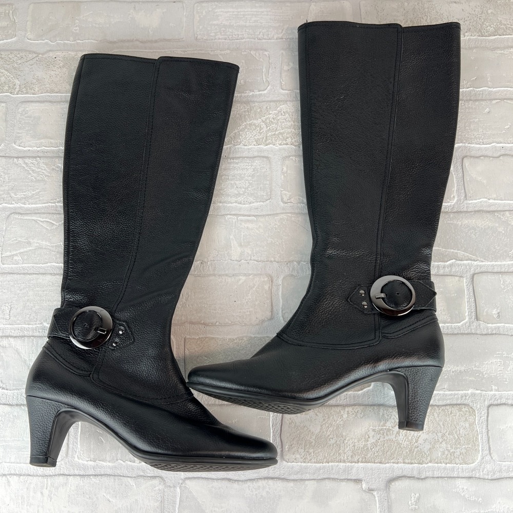 Aerosoles Incredible Riding Boots 7 Black Leather Zip Knee High Heelrest Cushion